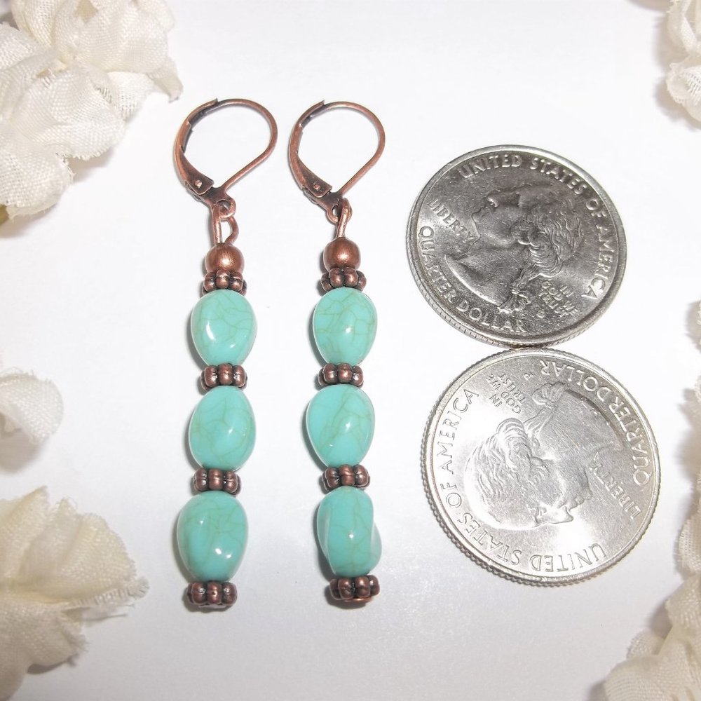 Long Turquoise Blue & Copper Earrings Handmade Beaded Jewelry Set Pair NWT 5821 - Picture 2 of 6